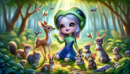 A young girl in a space suit interacts with forest animals in a magical, sunlit setting, evoking a sense of wonder and friendship.の素材