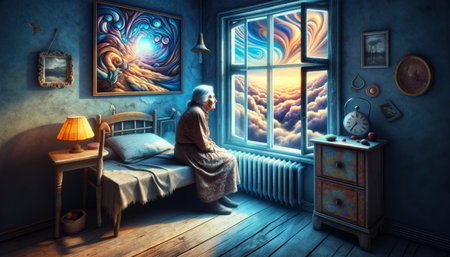 An elderly woman sits by the window, lost in thought as she looks out at a vibrant, dreamlike sunset, evoking a sense of peaceful contemplation and the passage of time.の素材