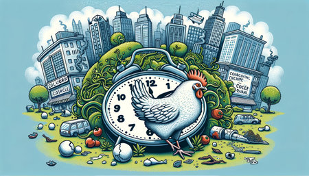 A surreal illustration depicts a chicken perched on an alarm clock amidst a contrasting urban and natural landscape, symbolizing the urgency of environmental issues.の素材