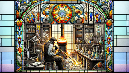 Two artisans shape and create glassware in a vibrant, traditional glassblowing workshop. The image captures the essence of this meticulous and skilled craft.の素材