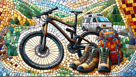 A mosaic depicting outdoor adventure gear, including a mountain bike, boots, and a camper van. The artwork conveys a theme of travel and exploration.の素材