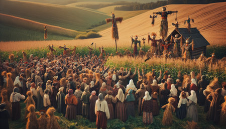 A large group of people in traditional attire celebrates a harvest festival with scarecrows in a rural field. The scene captures a cultural event during the golden hour.の素材