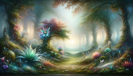 A serene and magical forest pathway bathed in ethereal morning light, inviting a sense of wonder and tranquility.の素材
