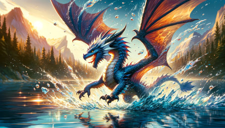 A powerful blue dragon with orange wings emerges from a lake, splashing water around as sunlight filters through a forested mountain landscape. The image conveys a sense of fantasy and adventure in a natural, vibrant setting.の素材