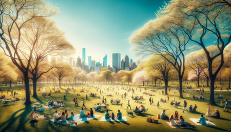 A serene spring day in Central Park with New Yorkers enjoying picnics and leisure time against a backdrop of the city skyline. The image captures the essence of urban outdoor relaxation and community spirit.の素材
