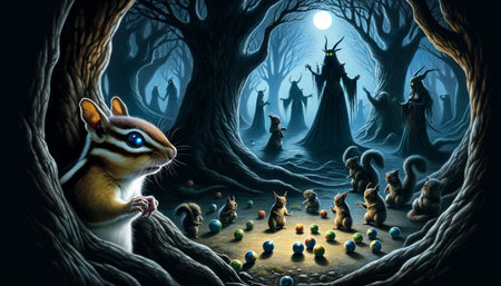 A chipmunk observes a magical ceremony in a moonlit forest, surrounded by marbles and mysterious robed figures.の素材