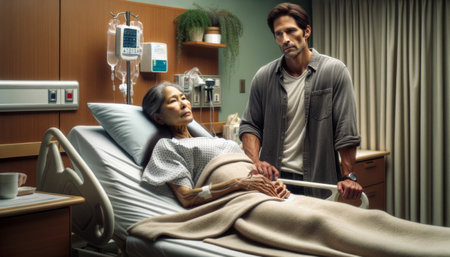 An elderly patient in a hospital bed with a visitor standing by. The scene conveys care and concern.の素材
