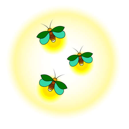 Three green fireflies with a yellow glow. A simple stylized drawing. Isolated. White backgroundのイラスト素材