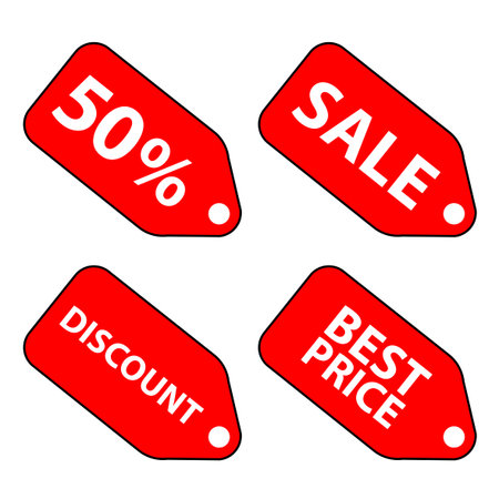 Red price advertising campaign tag, 50 percent, 50%, sale, discount, best price, isolated object, white backgroundのイラスト素材