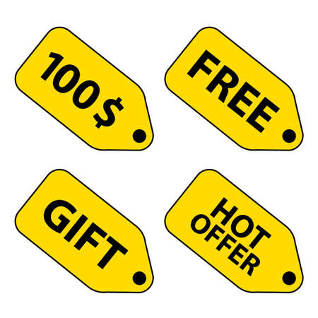 Yellow price advertising campaign tag, 100 dollars, one hundred dollars, 100$, free, gift, hot offer, isolated object, white backgroundのイラスト素材