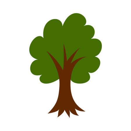 A simple stylized tree, a green crown or canopy, a brown trunk, short branches and roots, an element of the forest, without a stroke, white background, isolated objectのイラスト素材