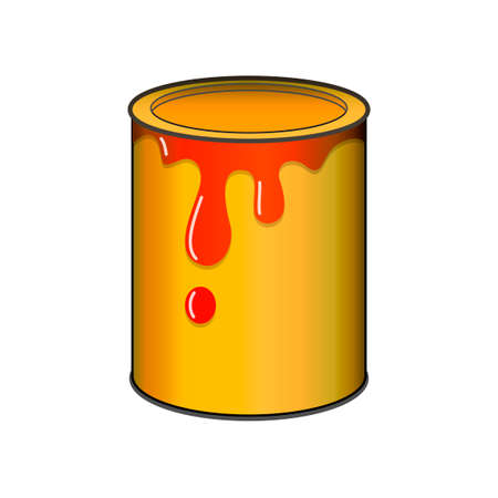 Paint cans, tin of paint, red tint, yellow packing, spills and splashes, white background, isolated objectのイラスト素材