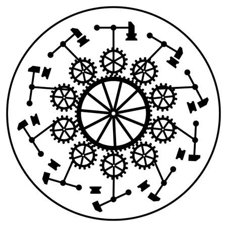 Phenakistiscope animation optical victorian toy, Black and white drawing, Gears, hammers, anvils, Complex mechanism, Phenakistoscope illusionのイラスト素材