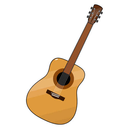 Guitar. Colored, stylized. Yellow case, brown neck, white strings. Classical form, realistic. White background, isolated objectのイラスト素材