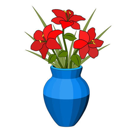 Bouquet in a vase of red flowers, blue pot, flower arrangement, six petals, green grass leaf stem, realistic drawing, light and shadow, white background, isolated object, simple stylized drawingのイラスト素材