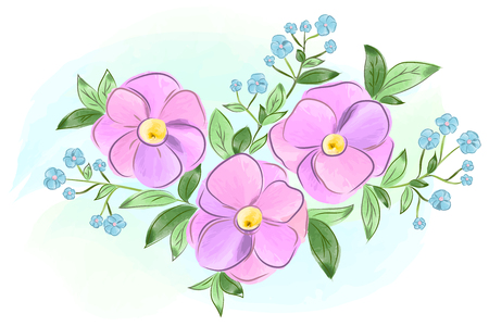Vector illustration of watercolor purple and blue flowers with leavesのイラスト素材