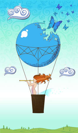 Drawing of the traveler by a balloon over the worldのイラスト素材