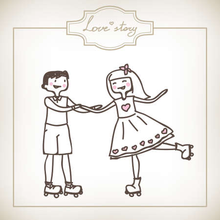 funny cartoon illustration of a young couple のイラスト素材