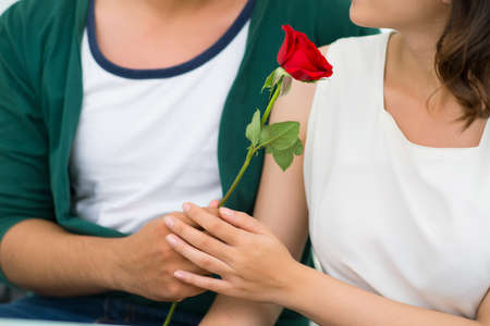 Close-up of a couple holding a symbol of love ? a red roseの写真素材
