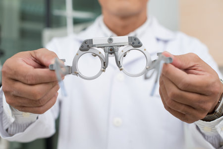 Close-up of optician reaching out glasses to patient