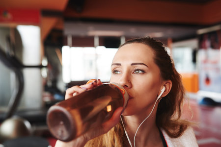 Face of thirsty sporty girl drinking after trainingの写真素材
