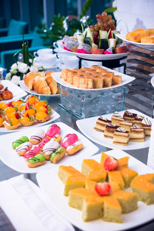Sweets on table in restaurantの写真素材