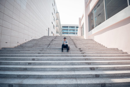 Young man sitting on the stairs and talking on the phone