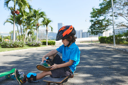 Little boy putting on knee pads