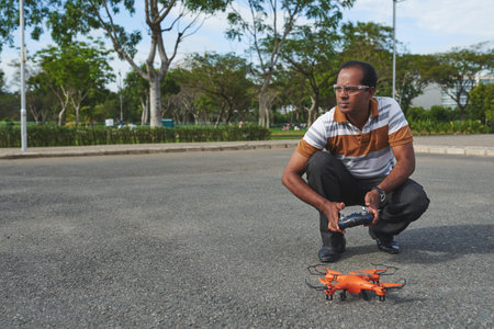 Testing quadcoper in parkの写真素材