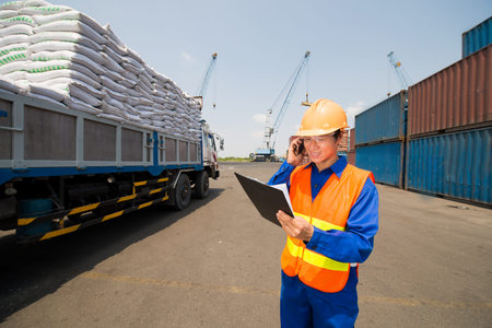 Image of a busy dockworker busy with cargo transportation in the seaport