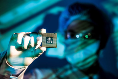 Cropped image of an engineer holding computer microchip on the foreground