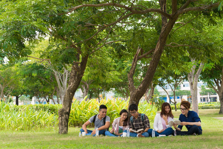 Vietnamese students sitting in the park and studying togetherの写真素材