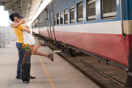 Asian couple happy to meet againの写真素材