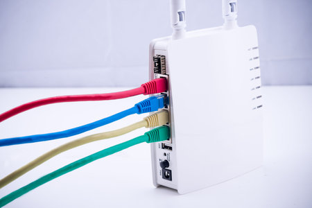 Router with multicolored cable wiresの写真素材