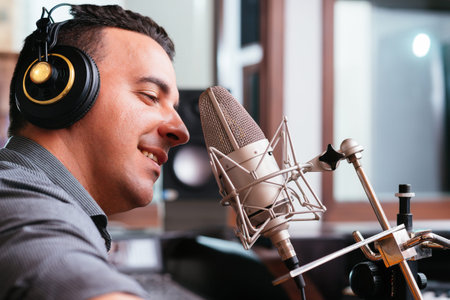 Man recording a song in the studio, side view