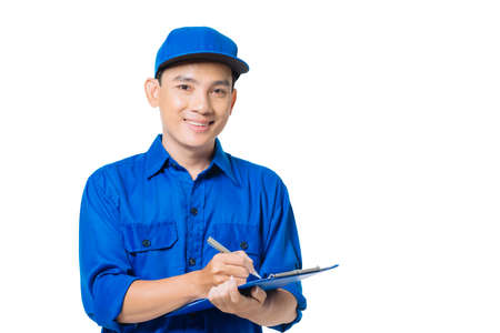 Portrait of Asian delivery man making notesの写真素材