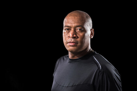 Portrait of serious Brazilian footballer looking at the cameraの写真素材