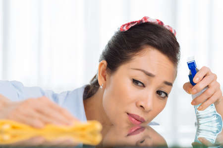 Woman polishing the surface of the tableの写真素材