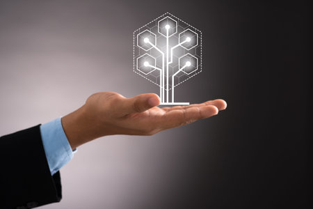 Hand of businessman holding digital tree: ecology and technology conceptの写真素材