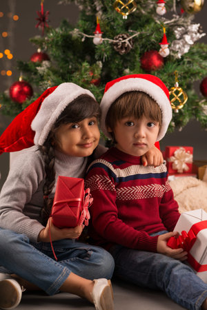 Brother and sister with gift boxes sitting under the Christmas treeの写真素材