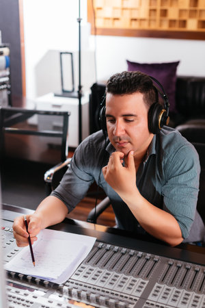 Professional composer working on new music track in the studio