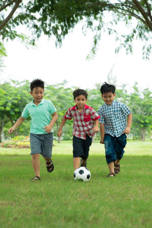 Excited schoolboys playing soccer in the parkの写真素材