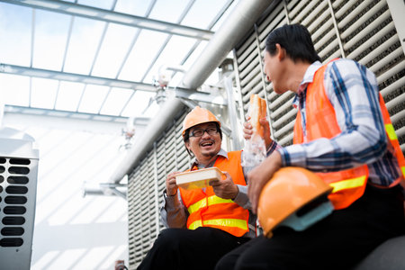 Cheerful factory workers having lunch in a shopの写真素材