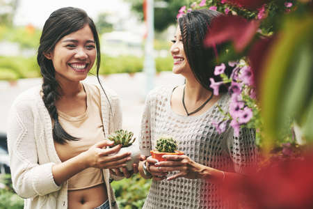 Happy Vietnamese young women with cactus and succulent in their handsの写真素材