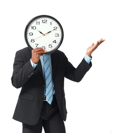 Portrait of businessman with clock-face isolated on whiteの写真素材