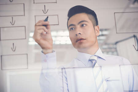 Asian businessman makes a block diagram on a blackboardの写真素材