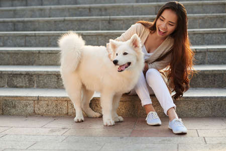 Cheerful Asian woman playing with her American Eskimo dogの写真素材