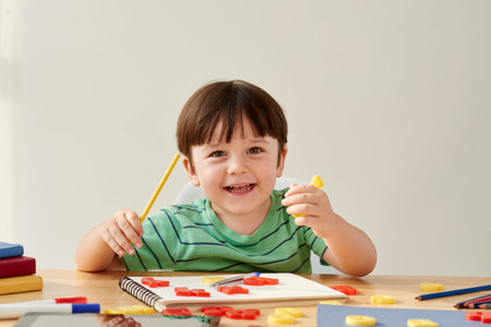 Happy boy playing with plastic letters at home