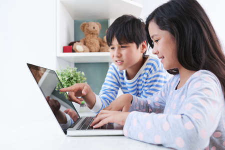 Boy showing something interesting on laptop to his sisterの写真素材