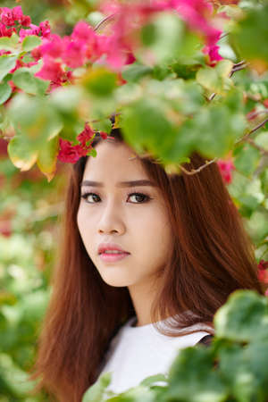 Portrait of beautiful Asian brunette with flower treeの写真素材